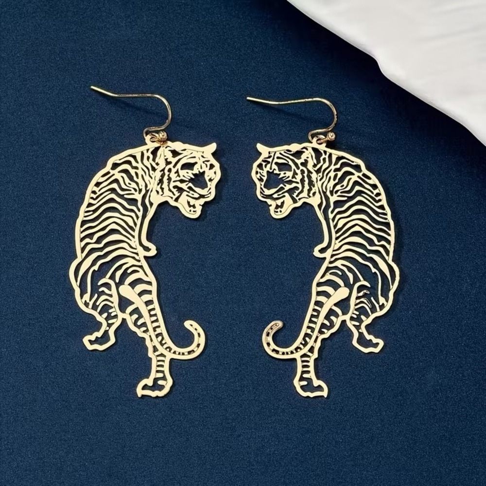14K Gold Plated Tiger Drop Earrings Filigree Cutout Animal Statement Dangles